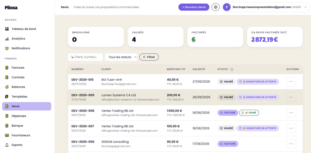 Interface Piloxa pour la gestion des devis et de la facturation