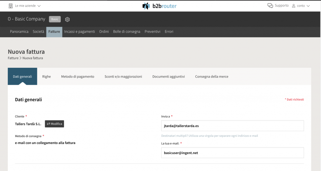 Nuova fattura Menu B2Brouter